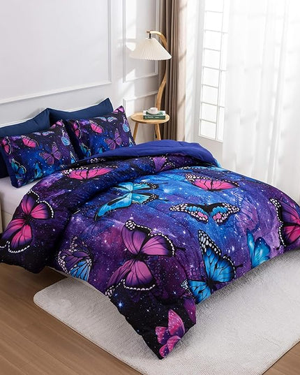 Btargot 3 Piece Butterfly Pattern Girls Comforter Set with 2 Pillow Covers, Galaxy Outer Space Printed Bedding Set for Women, Full Purple Blue - LeafyLoom
