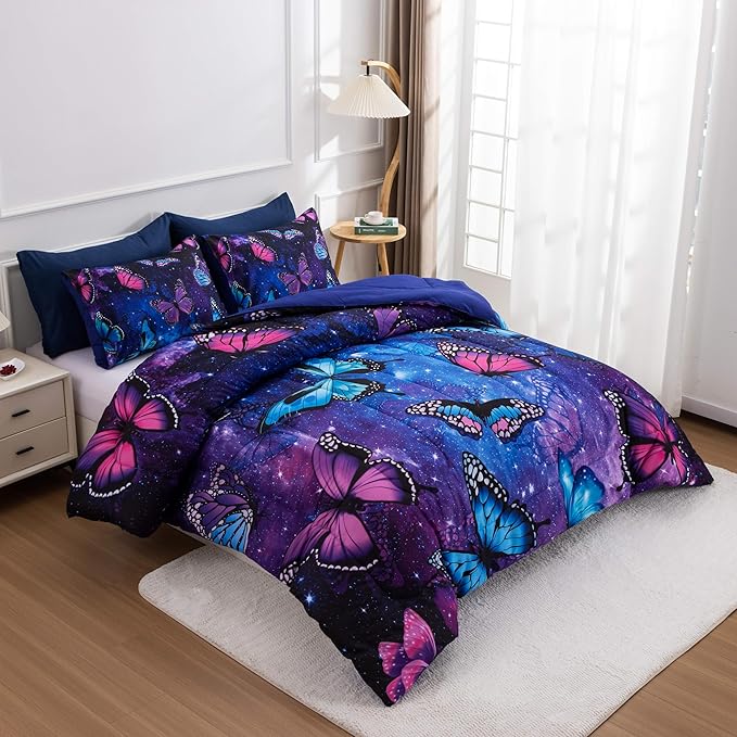 Btargot 3 Piece Butterfly Pattern Girls Comforter Set with 2 Pillow Covers, Galaxy Outer Space Printed Bedding Set for Women, Full Purple Blue - LeafyLoom