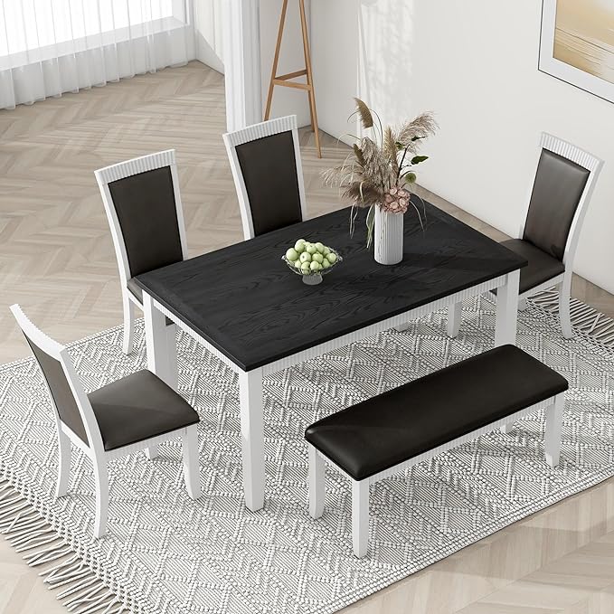 6-Piece Rustic Dining, Solid Wood Table Set with PU Leather Upholstered Chairs and a Bench for Kitchen and Living Room, Gray, 1 - LeafyLoom