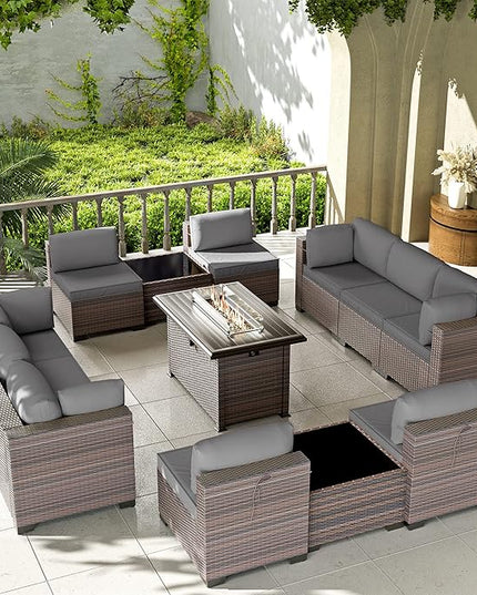 Kullavik 13 Pieces Outdoor Patio Furniture Set with 43" 55000BTU Gas Propane Fire Pit Table PE Wicker Rattan Sectional Sofa Patio Conversation Sets,Grey - LeafyLoom