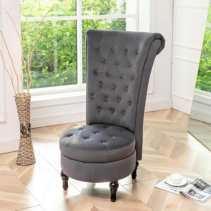 Royal Velvet Accent Chair for Vanity with Storage and Luxurious Upholstery, Retro Design and Versatile Usage for Living Room, Bedroom, Lounge and Office, Grey - LeafyLoom