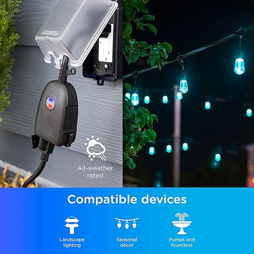 Enbrighten Vibe Outdoor Smart Plug, 2 Grounded Outlets, Weather-Resistant, Custom ON/Off Controls, Schedule Outdoor Lighting, Compatible with Alexa, Google Assistant, Black, 51251 Enbrighten