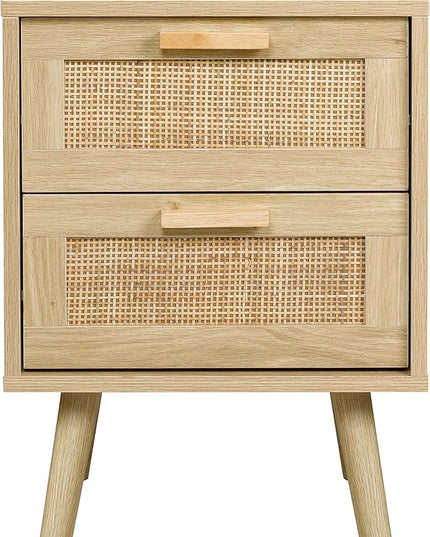 Finnhomy Nightstand, End Table, Side Table with 2 Hand Made Rattan Decorated Drawers, Wood Accent Table with Storage for Bedroom, Natural (Patented) - LeafyLoom