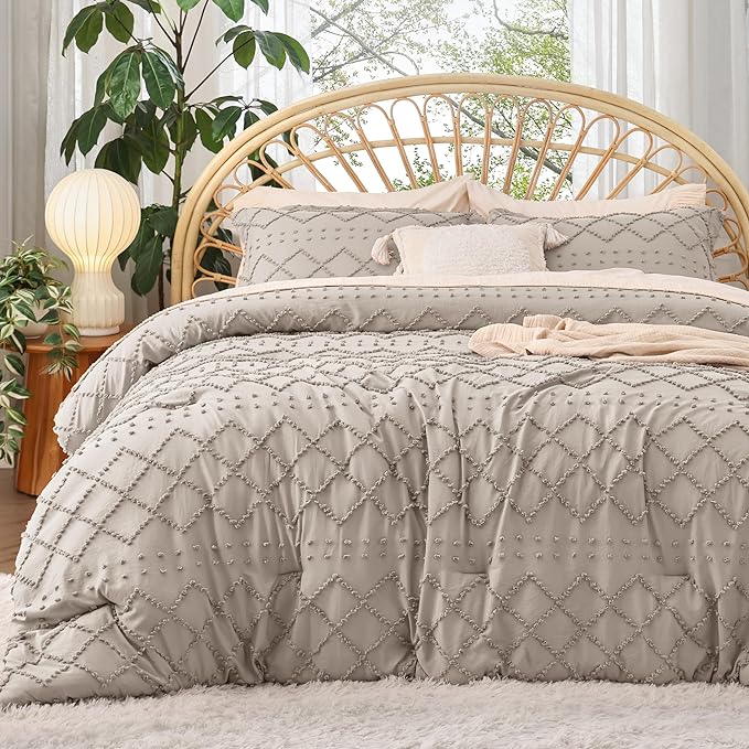 Bedsure Twin/Twin XL Comforter Set - Linen Boho Twin Extra Long Comforter Set for College, Shabby Chic Dorm Bedding Set, 2 Pieces Modern Farmhouse Bed Set, includes 1 Pillow Sham - LeafyLoom