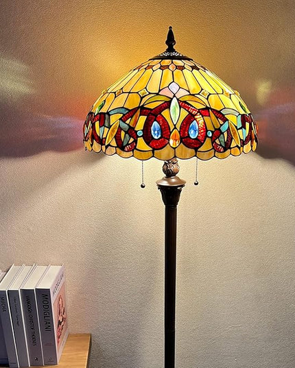 Capulina Tiffany Floor Lamp 2-Light 16x16x63 Inches Antique Victorian Cream Brown Style Stained Glass Industrial Dark Bronze Pole Standing Reading Light for Living Room Bedroom Home Office - LeafyLoom