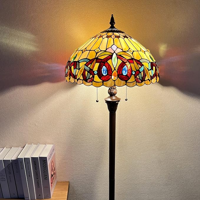 Capulina Tiffany Floor Lamp 2-Light 16x16x63 Inches Antique Victorian Cream Brown Style Stained Glass Industrial Dark Bronze Pole Standing Reading Light for Living Room Bedroom Home Office - LeafyLoom