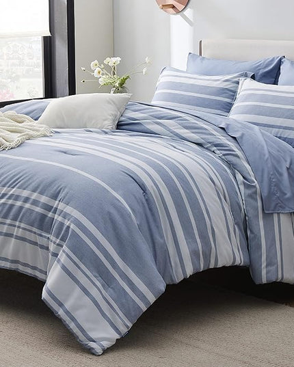 Bedsure Bed in a Bag Queen 7 Pieces - Blue Striped Comforter Set Queen All Season Bed Set, Bed Set Queen Size with 1 Comforter, 1 Flat Sheet, 1 Fitted Sheet, 2 Pillowcases & 2 Shams - LeafyLoom