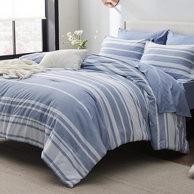 Bedsure Bed in a Bag Queen 7 Pieces - Blue Striped Comforter Set Queen All Season Bed Set, Bed Set Queen Size with 1 Comforter, 1 Flat Sheet, 1 Fitted Sheet, 2 Pillowcases & 2 Shams - LeafyLoom