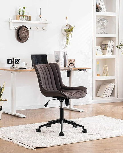 YOUNIKE Armless Office Chair with Wheels Swivel Rolling Desk Chair Leather Upholstered Adjustable Computer Task Chair Modern Rocking Recline Gaming Chair Brown - LeafyLoom
