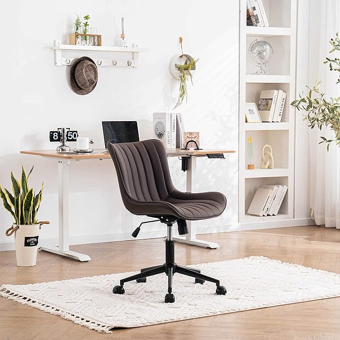 YOUNIKE Armless Office Chair with Wheels Swivel Rolling Desk Chair Leather Upholstered Adjustable Computer Task Chair Modern Rocking Recline Gaming Chair Brown - LeafyLoom
