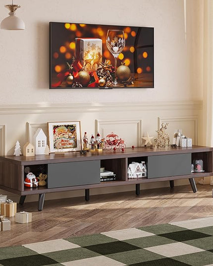 Bestier 70 inch Mid Century Modern TV Stand for 75 inch TV, Low Profile TV Stand with Storage, Entertainment Center for Living Room, Cord Management, Walnut - LeafyLoom