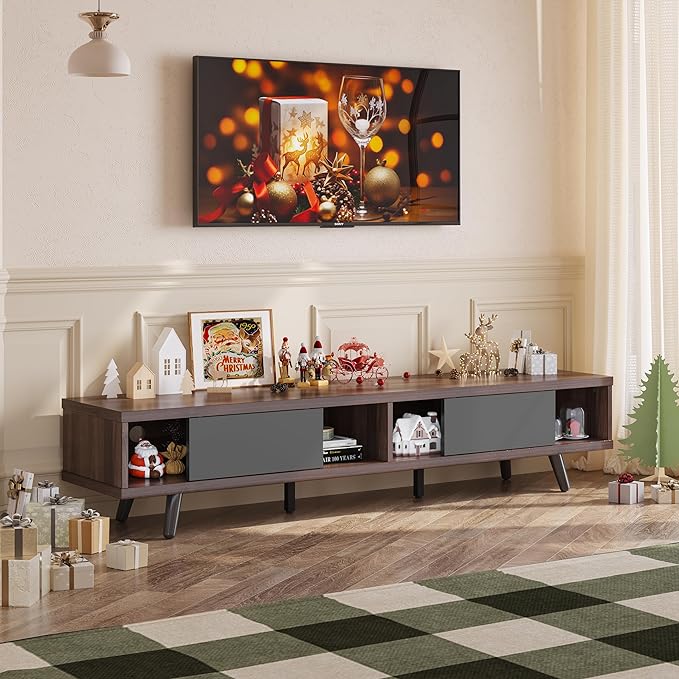 Bestier 70 inch Mid Century Modern TV Stand for 75 inch TV, Low Profile TV Stand with Storage, Entertainment Center for Living Room, Cord Management, Walnut - LeafyLoom