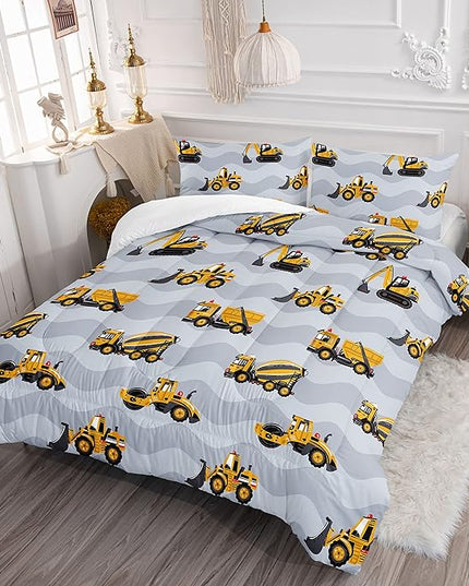 Datura home Construction Truck Comforter Set for Boys Kids Children,Grey Machinery Truck Excavators Vehicles Cartoon Tractor Bedding with 1 and 2 Pillowcases(Truck Grey Twin), Twin 68x86inches - LeafyLoom