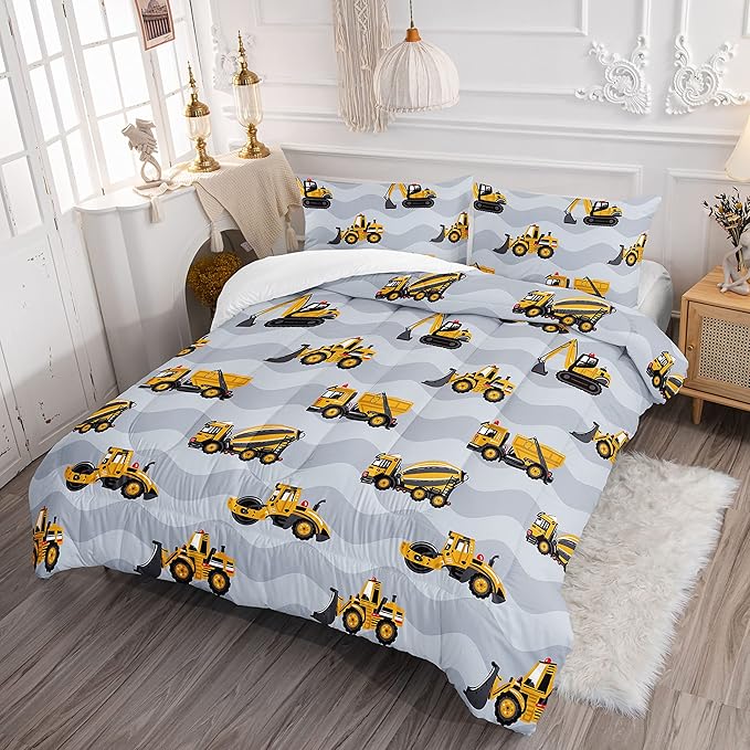 Datura home Construction Truck Comforter Set for Boys Kids Children,Grey Machinery Truck Excavators Vehicles Cartoon Tractor Bedding Set with 1 Comforter and 2 Pillowcases(Truck Grey Full) 80x90in - LeafyLoom