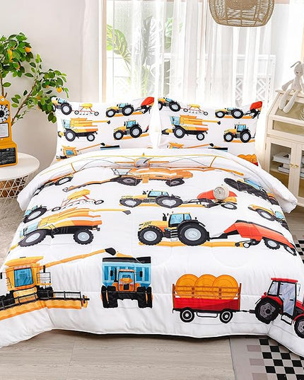 CVHOUSE Tractor Bedding Sets for Boys,Excavators Comforter King,Boys Cartoon Truck Comforter Set,Trucks Tractors Cars Quilt Set with 1 Comforter and 2 Pillow Cases- 3 Piece - LeafyLoom