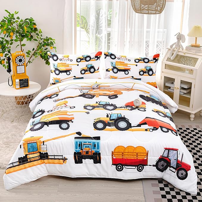 CVHOUSE Tractor Bedding Sets for Boys,Excavators Comforter King,Boys Cartoon Truck Comforter Set,Trucks Tractors Cars Quilt Set with 1 Comforter and 2 Pillow Cases- 3 Piece - LeafyLoom