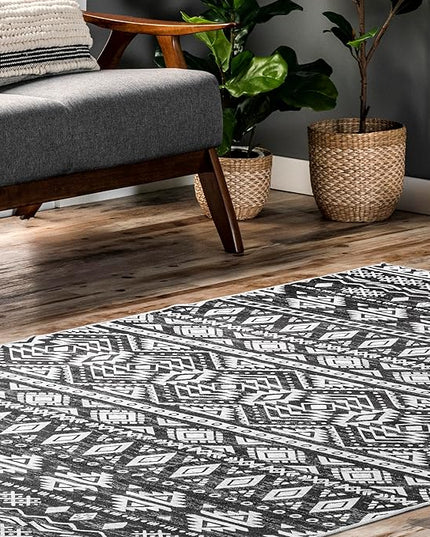 nuLOOM Madlyn Tribal Machine Washable Ultra Thin Area Rug, 4' x 6', Charcoal - LeafyLoom