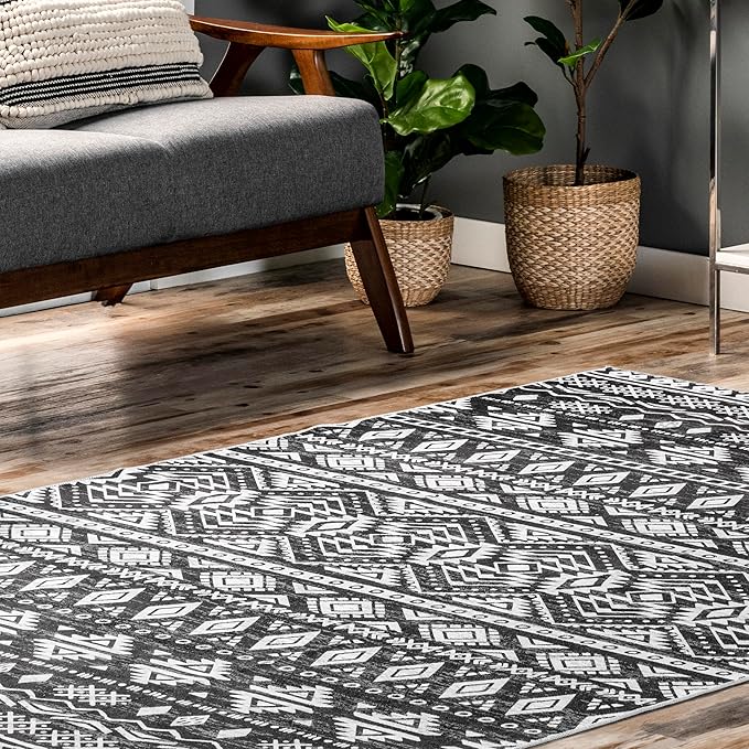 nuLOOM Madlyn Tribal Machine Washable Ultra Thin Area Rug, 6' x 9', Charcoal - LeafyLoom