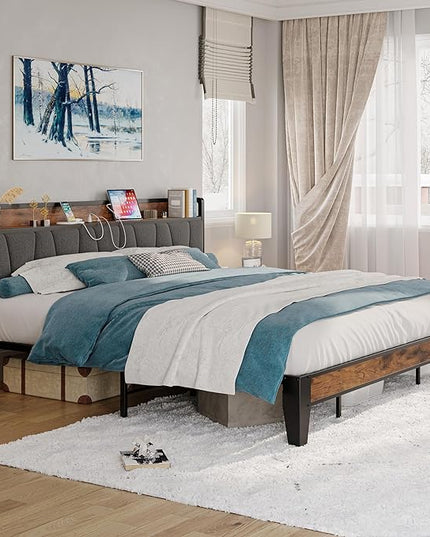 LIKIMIO California King Bed Frames, Storage Headboard with Charging Station, Solid and Stable, Noise Free, No Box Spring Needed, Easy Assembly - LeafyLoom