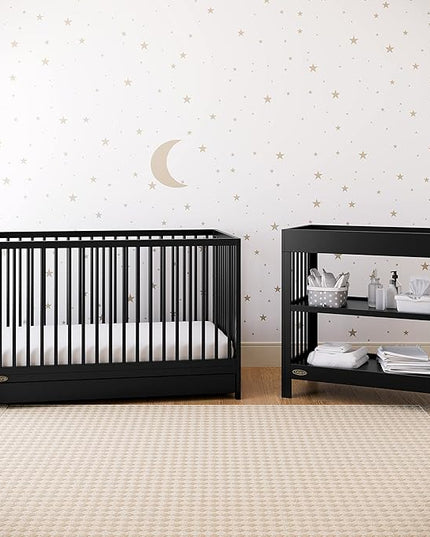 Graco Teddi 5-in-1 Convertible Crib with Drawer (Black) – GREENGUARD Gold Certified, Crib with Drawer Combo, Full-Size Nursery Storage Drawer, Converts to Toddler Bed, Daybed and Full-Size Bed - LeafyLoom