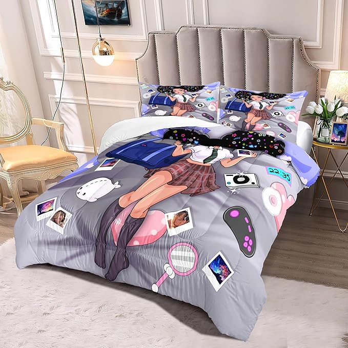 African American Girl Bedding Set Full Comforter Set for Girls Bedroom Decor Black Girl Comforter Set with 2 Pillowcases Kids Comforter Sets Gifts for Girls Kids Teens - LeafyLoom