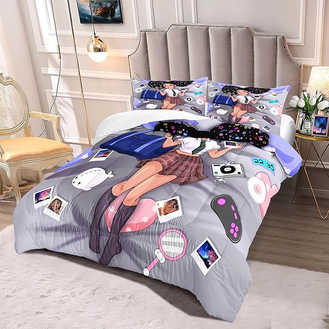 Black Girl Comforter Set Queen Size Bedding Sets for Girls Cute Black Girl Bedding Set African American Girl Soft Microfiber 3 Piece Queen Quilt Sets, 1 Comforter + 2 Pillowcases - LeafyLoom