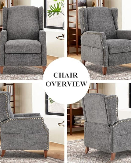 COLAMY Wingback Pushback Recliner Storage Pocket Upholstered Fabric Living Room Chair Armchair, with Wood Legs and Nailhead Trim, Dark Grey - LeafyLoom
