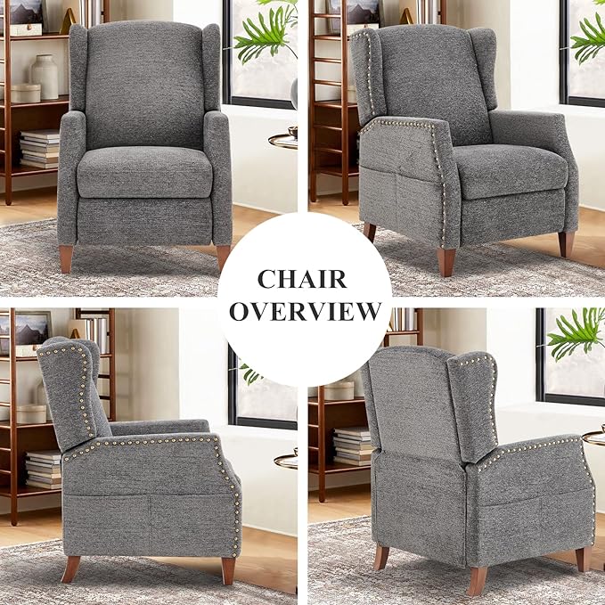 COLAMY Wingback Pushback Recliner Storage Pocket Upholstered Fabric Living Room Chair Armchair, with Wood Legs and Nailhead Trim, Dark Grey - LeafyLoom