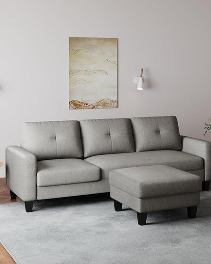 L Shaped Convertible Sectional Sofa, 3 Seater Linen Fabric Corner Couch with Reversible Chaise Movable Ottoman, Button Tufted Sofa&Couches for Small Apartments, Living Rooms and Offices - LeafyLoom