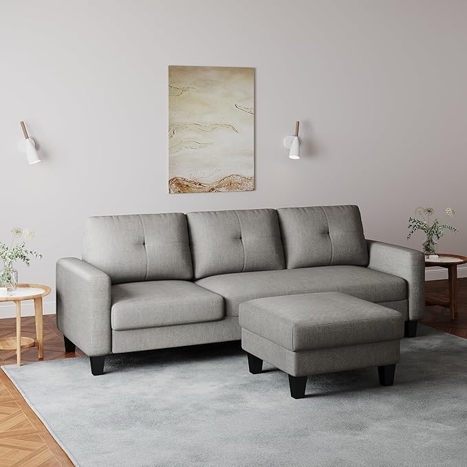 L Shaped Convertible Sectional Sofa, 3 Seater Linen Fabric Corner Couch with Reversible Chaise Movable Ottoman, Button Tufted Sofa&Couches for Small Apartments, Living Rooms and Offices - LeafyLoom