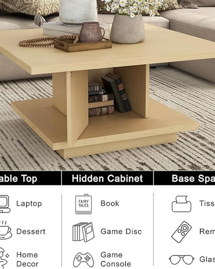 24/7 Shop at Home Lukas 31 inch Square Coffee Table with Hidden Storage and Base Shelf, Contemporary Furniture for Living Room, Home Office, Apartment, Small Space, Light Maple - LeafyLoom