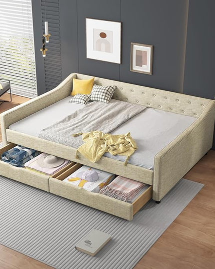 Full Size Upholstered Daybed with 2 Drawers,Wood Sofa Bed Frame W/Button Tufted Backrest and Waved Shape Arms,Slats Support,Linen Fabric Day Bed,for Bedroom,Living Room,Apartment,Beige - LeafyLoom