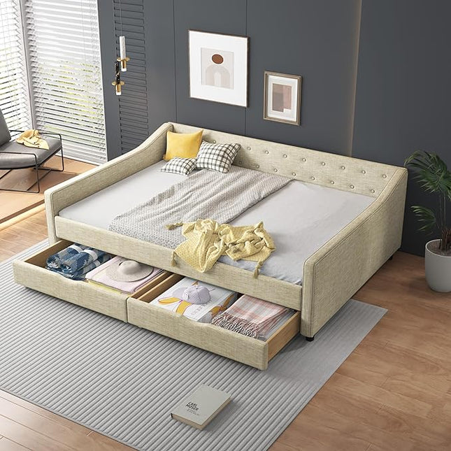 Full Size Upholstered Daybed with 2 Drawers,Wood Sofa Bed Frame W/Button Tufted Backrest and Waved Shape Arms,Slats Support,Linen Fabric Day Bed,for Bedroom,Living Room,Apartment,Beige - LeafyLoom
