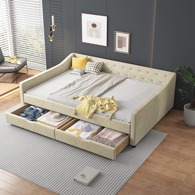 Full Size Upholstered Daybed with 2 Drawers,Wood Sofa Bed Frame W/Button Tufted Backrest and Waved Shape Arms,Slats Support,Linen Fabric Day Bed,for Bedroom,Living Room,Apartment,Beige - LeafyLoom
