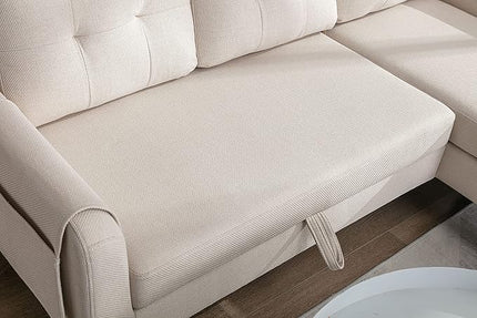 72.44" L-Shaped Reversible Sectional Sofa w/Pull Out Bed & Storage Chaise Lounge,Interior Furniture Comfy Sleeper Corner Couch with 3 Throw Pillows and Pockets,for Dorm,Apartment, Beige-1 - LeafyLoom