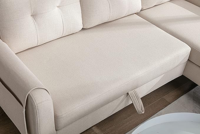 72.44" L-Shaped Reversible Sectional Sofa w/Pull Out Bed & Storage Chaise Lounge,Interior Furniture Comfy Sleeper Corner Couch with 3 Throw Pillows and Pockets,for Dorm,Apartment, Beige-1 - LeafyLoom