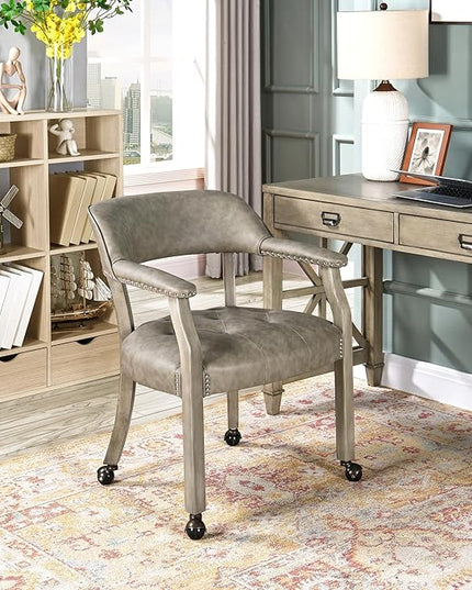 Dining Chairs with Casters and Arms, Large Rolling Dining Chairs with Wheels, Solid Wood Boss Caption's Chairs Office Desk Chairs, 26" D x25.2 W x 31.5" H, Soft Light Grey PU SY-1318-UA - LeafyLoom