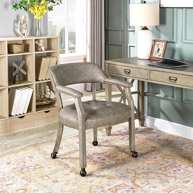 Dining Chairs with Casters and Arms, Large Rolling Dining Chairs with Wheels, Solid Wood Boss Caption's Chairs Office Desk Chairs, 26" D x25.2 W x 31.5" H, Soft Light Grey PU SY-1318-UA - LeafyLoom
