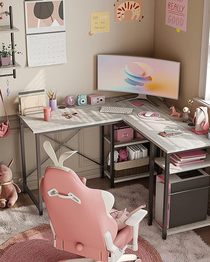 Bestier L Shaped Desk with Shelves 75 Inch Reversible Corner Computer Desk or 2 Person Long Table, Writing Study Desk for Home Office Small Space Bedroom Apartment, Wash White - LeafyLoom