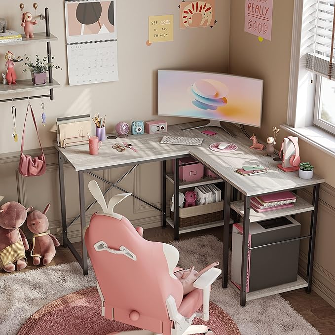 Bestier L Shaped Desk with Shelves 75 Inch Reversible Corner Computer Desk or 2 Person Long Table, Writing Study Desk for Home Office Small Space Bedroom Apartment, Wash White - LeafyLoom