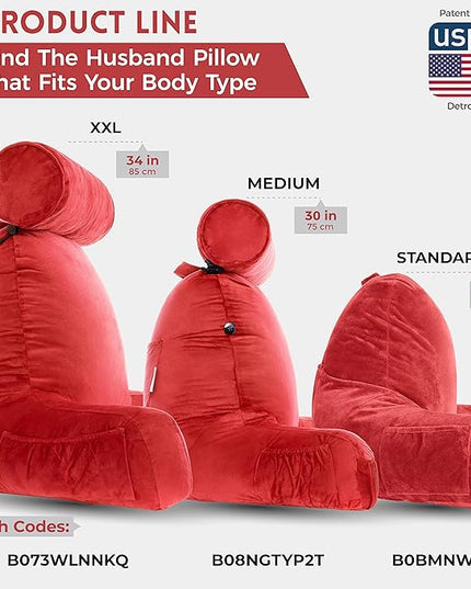 Husband Pillow XXL Red Backrest with Arms - Adult Reading Pillow with Shredded Memory Foam, Ultra-Comfy Removable Microplush Cover & Detachable Neck Roll, Unmatched Support for Bed Rest Sit Up Pillow - LeafyLoom