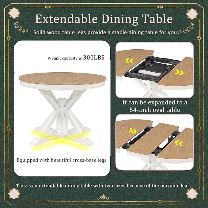5-Piece Retro Style Dinette Sets with Round Extendable Kitchen Dining Table, 4 Upholstered Chairs, for Diningroom Living Room, Easy to Assemble, Oak Natural Wood + OFF White - LeafyLoom
