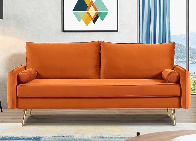Kent Modern Sofa, European Style Velvet Living Room Furniture with Tapered Legs, Vintage Flair, and Sleek Design, Orange - LeafyLoom