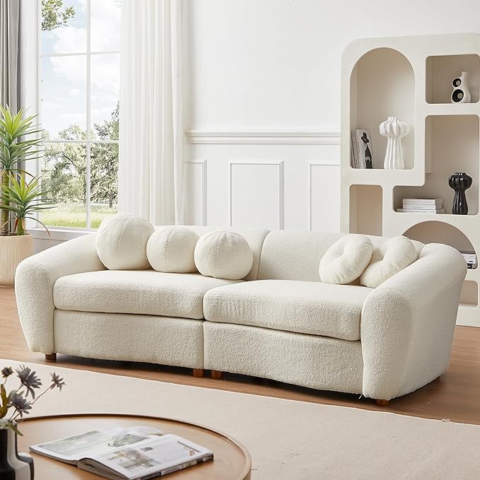 Seater Sofa&Couch Modern Cloud Curved Sofa Comfy Boucle Couch, Luxury 3 Teddy Fabric Upholstered Leisure Deap Seat Sectional Sofá with 5 Decorative Throw Pillows for Living Room, 87.7", Beige-338 - LeafyLoom
