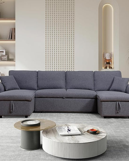 U Shaped Convertible Sectional Sofa with Double Chaise and Pull Out Bed , Fabric Upholstered Reversible Corner Couch Sleeper Sofabed w/ Storage , 5 Seater Sofacama with Throw Pillows for Living Room - LeafyLoom