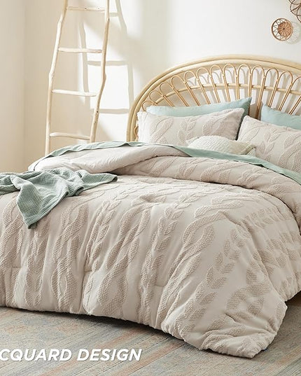 Bedsure King Size Comforter Set Beige, Boho Tufted Bedding Comforter Set, Farmhouse Jacquard Cable Knit Pattern Bed Set, 3 Pieces, 1 Shabby Chic Fluffy Comforter & 2 Pillow Shams - LeafyLoom