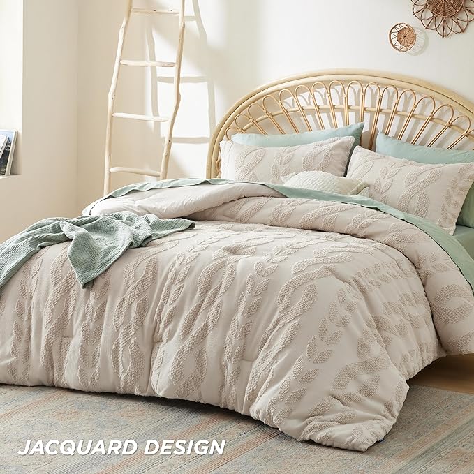 Bedsure King Size Comforter Set Beige, Boho Tufted Bedding Comforter Set, Farmhouse Jacquard Cable Knit Pattern Bed Set, 3 Pieces, 1 Shabby Chic Fluffy Comforter & 2 Pillow Shams - LeafyLoom
