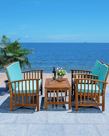 SAFAVIEH Outdoor Collection Rocklin Natural/ Aqua Cushion 4-Piece Conversation Patio Set - LeafyLoom