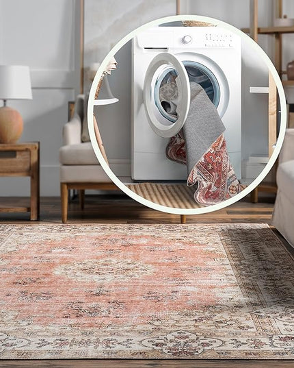 nuLOOM Ren Vintage Floral Machine Washable Ultra Thin Area Rug, 6x9, Peach - LeafyLoom