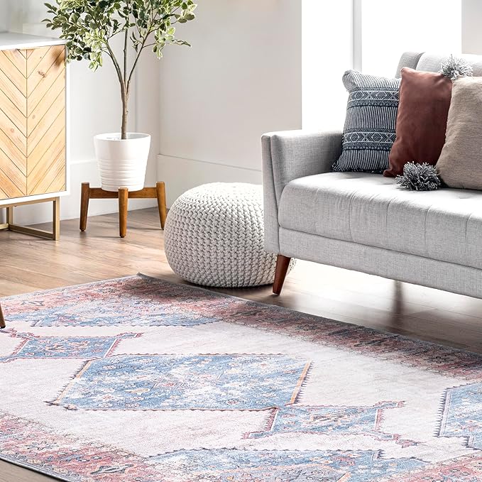 nuLOOM Olga Machine Washable Distressed Vintage Medallion Ultra Thin Area Rug, 8' x 10', Blue - LeafyLoom